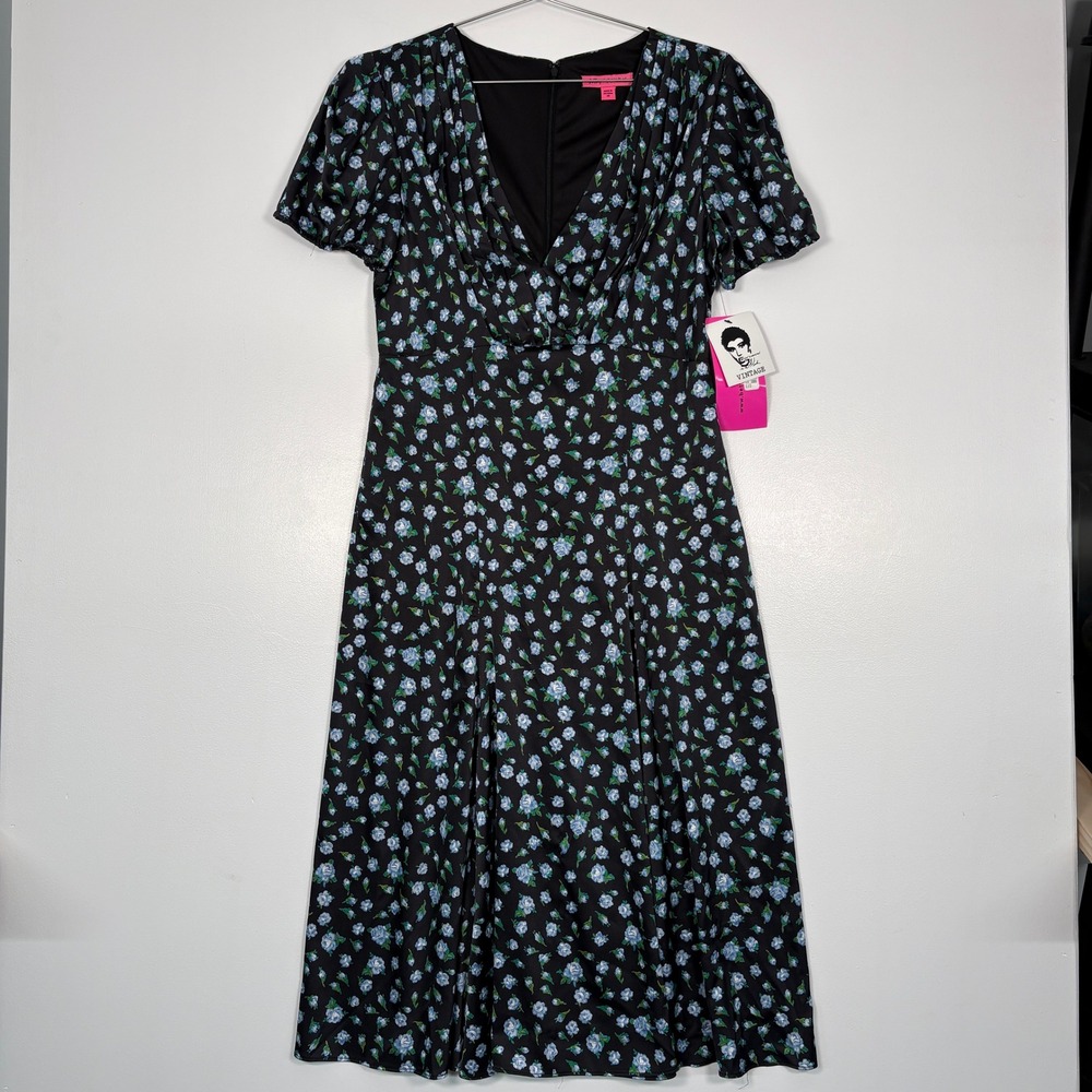 Betsey Johnson Women Dress 10 Black Blue Floral V-Neck Short Sleeve Midi FN06W63